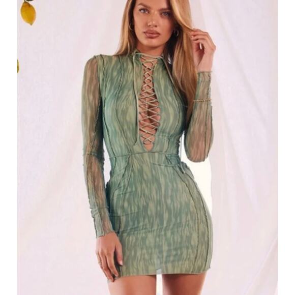 House Of CB Dress XS Dylan Green Colour Ivy Printed Mesh Lace Up Mini Sexy Party - Picture 1 of 16